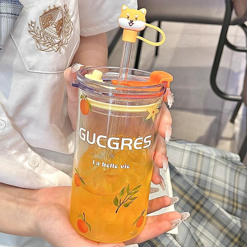 550ml Flower Glass Cup Clear Eyeglasses With Lid And Straw Bubble Tea Cup Ice Coffee Mug For Juice Milk Water Cups Drinkware