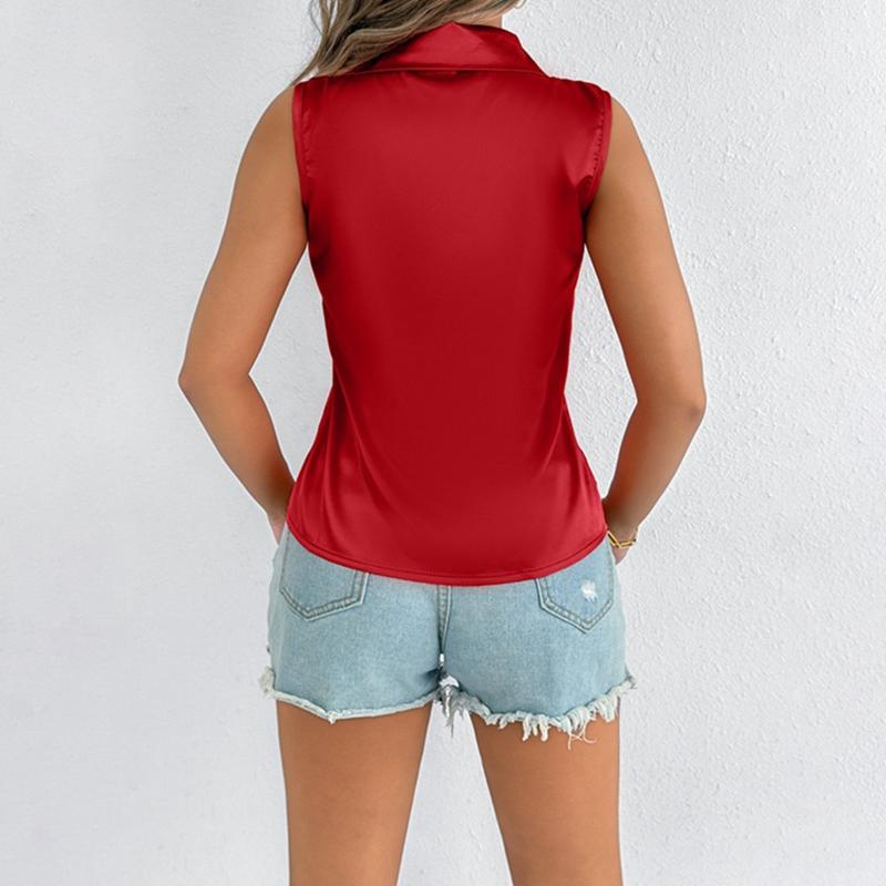 Women's Satin Sleeveless Shirt Button Cardigan Top
