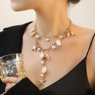 Beaded Necklace Beach Imitation Pearl Necklace Starfish Shell Vintage Vacation