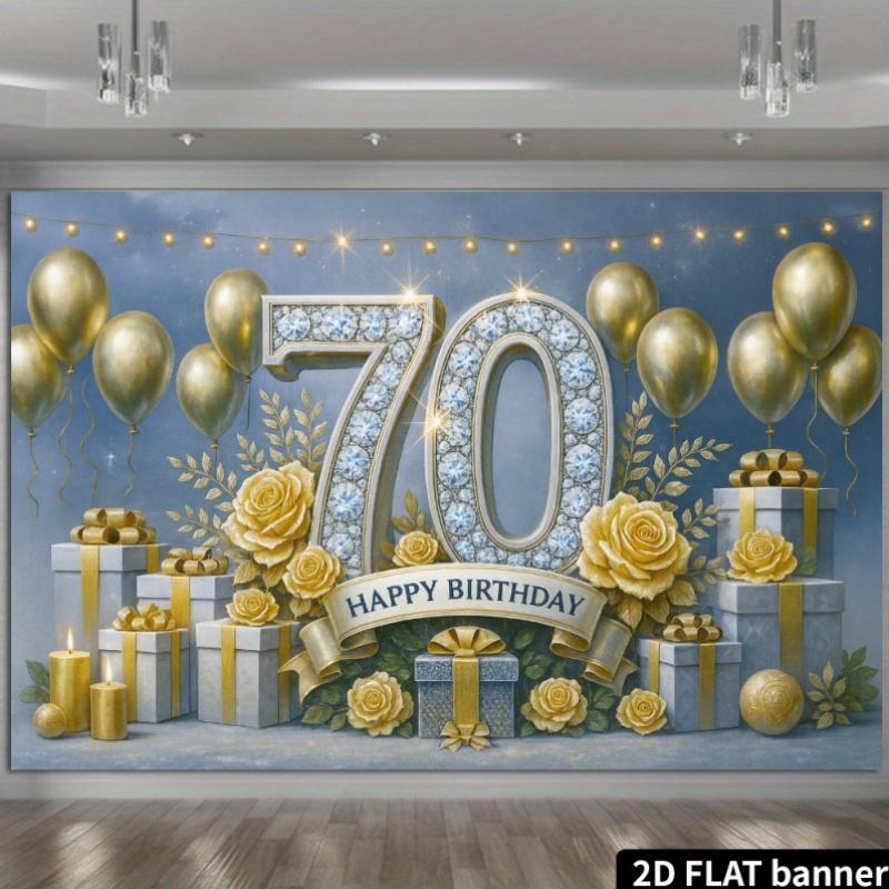 2D Planar High-end Black and Gold 70th Birthday Backdrop Cloth, Suitable for Both Indoor and Outdoor Use, Party Supplies