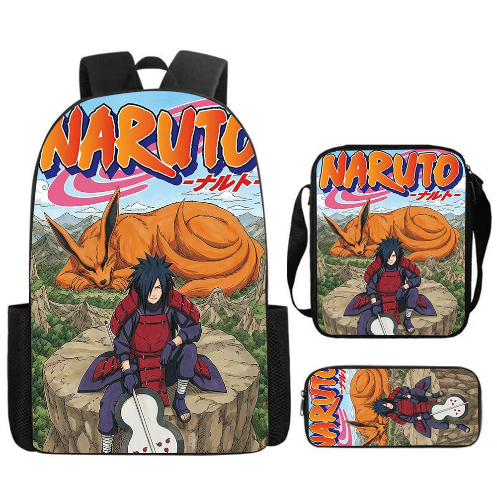 3Pcs Set NARUTO Anime Kids Backpack Mochila with Crossbody Bag & Pencil Case, Lightweight & Durable, for Ages 6-10 Boys & Girls