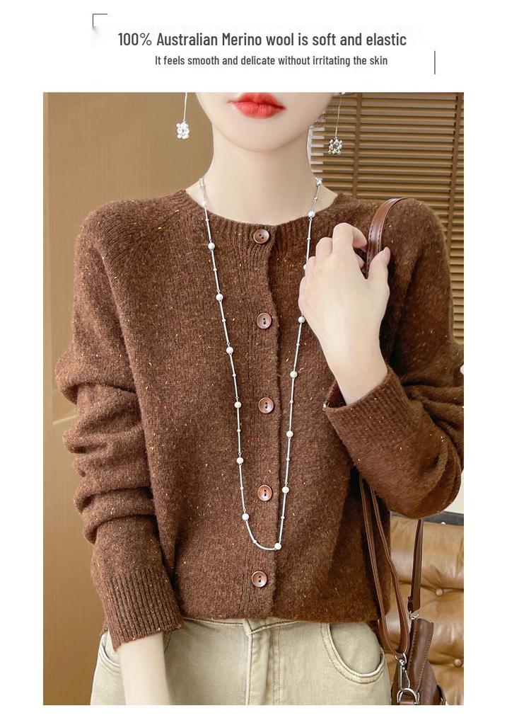 Women's 100% Pure Wool Round Neck Cardigan Sweater - Autumn/Winter Korean Style Knit Outerwear