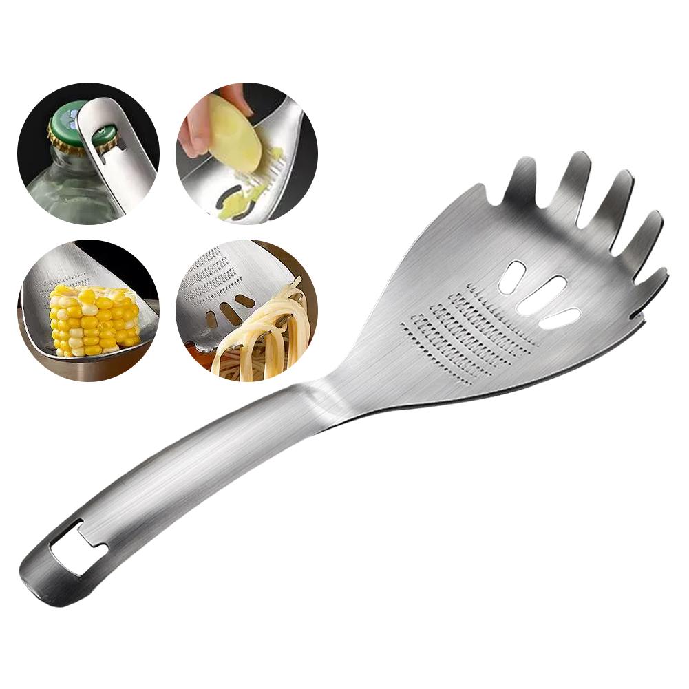 Stainless Steel Multipurpose Grinding Spoon, With Potato Masher, Egg Yolk Separator, Grater Plate, Bottle Opener & Slotted Spoon