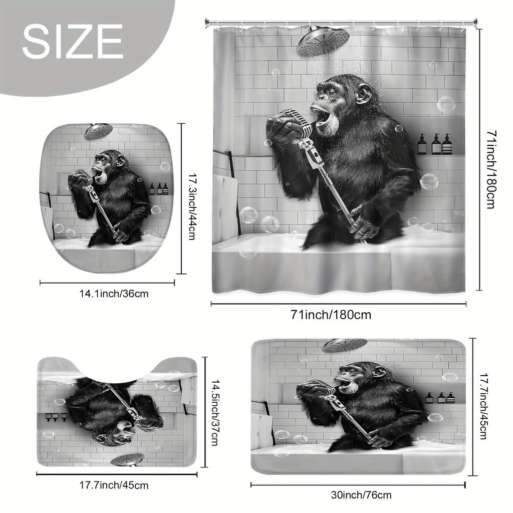 1pc/4pcs - Funny Monkey Shower Curtain Set, Black and White Animal Chimpanzee Singing in Bathtub, Mens Modern CoolBathroom Decor