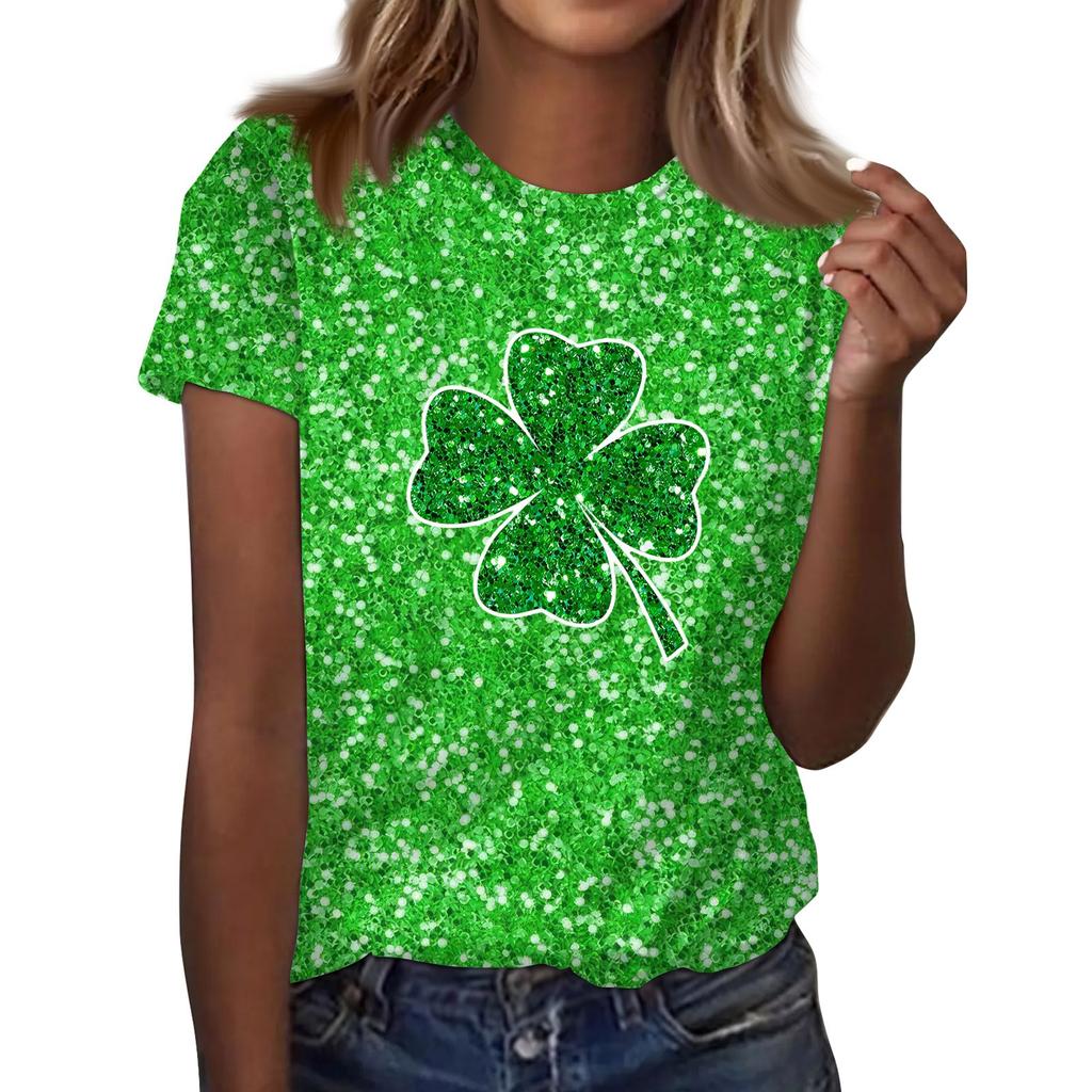 Women's  Casual Short Sleeve Shirts Fashion St Patrick's Print Tunic Tops With Pockets