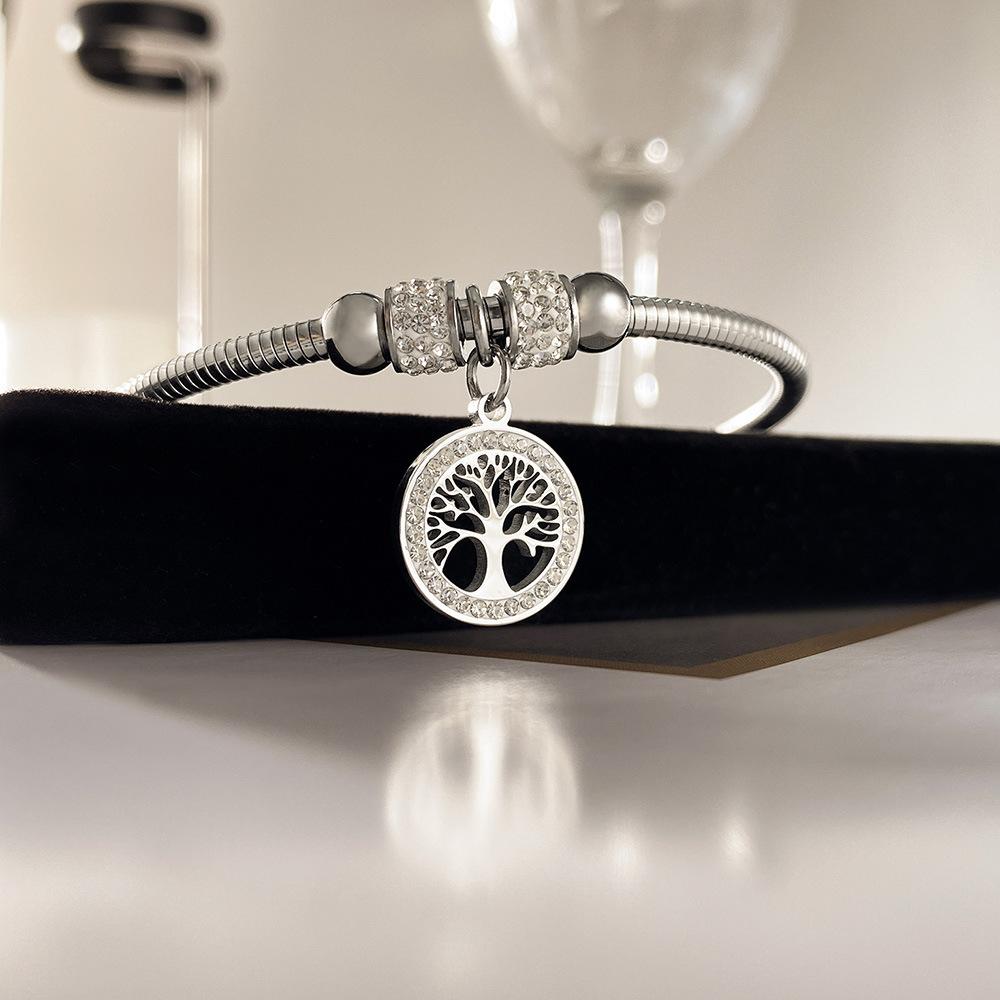 Ladies Magnetic Hollow Tree of Life Bracelet Titanium Steel Rhinestone Design Fashion Simple Jewelry