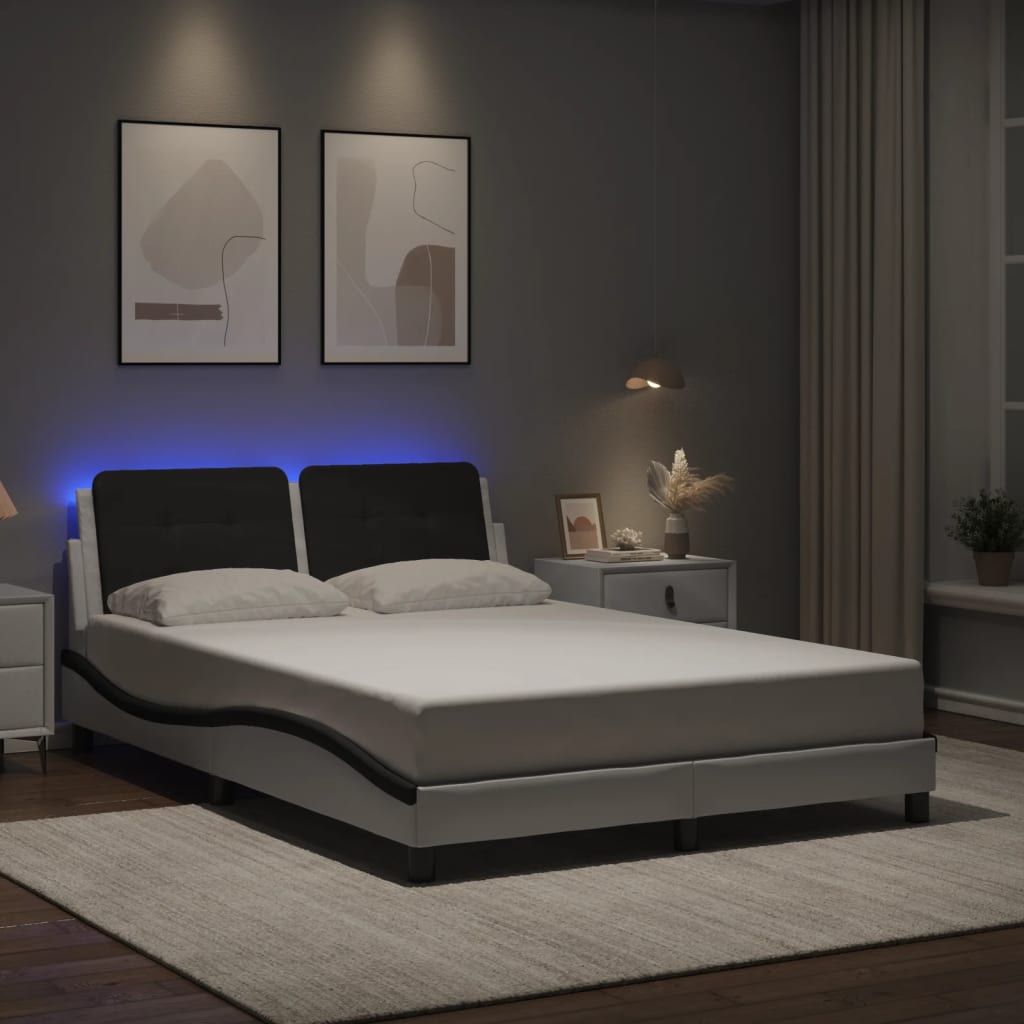 Vidaxl Rama Łóżka Z Led, Biało-Czarna, 140X190 Cm, Sztuczna Skóra