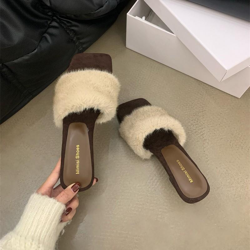 Super fairy keep it for yourself~! One-word with high heels and gentle fluffy slippers for women's autumn and winter wear square head special-shaped