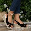 Fashion Black Suede Cross Straps Platform Wedge Heels Sandals Women Vintage Peep Toe Shoes Women Comfortable Light Weight Daily Sandals