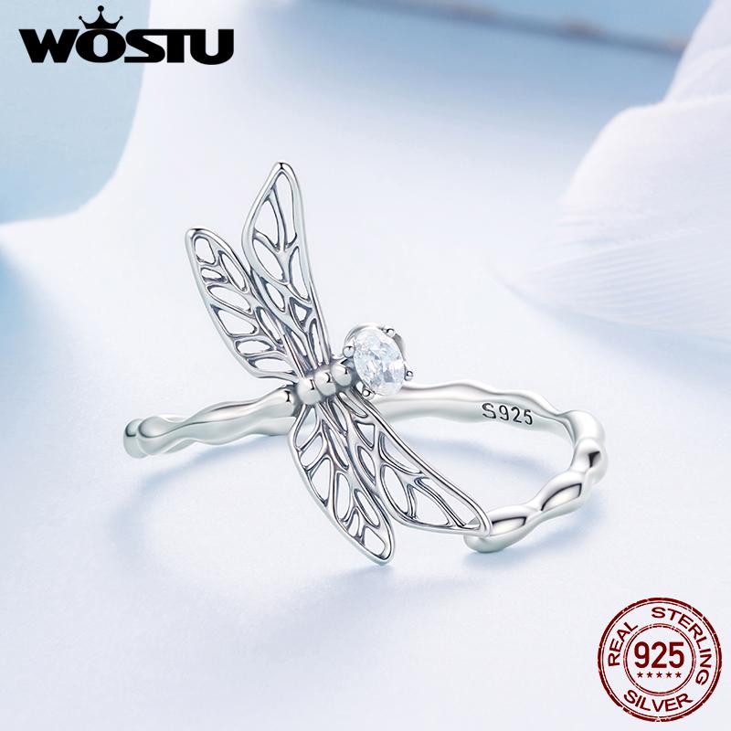 WOSTU 925 Sterling Sliver Dragonfly Open Ring For Women Hollow Out Shiny CZ Insect Animal Adjustable Rings Daily Party Gift