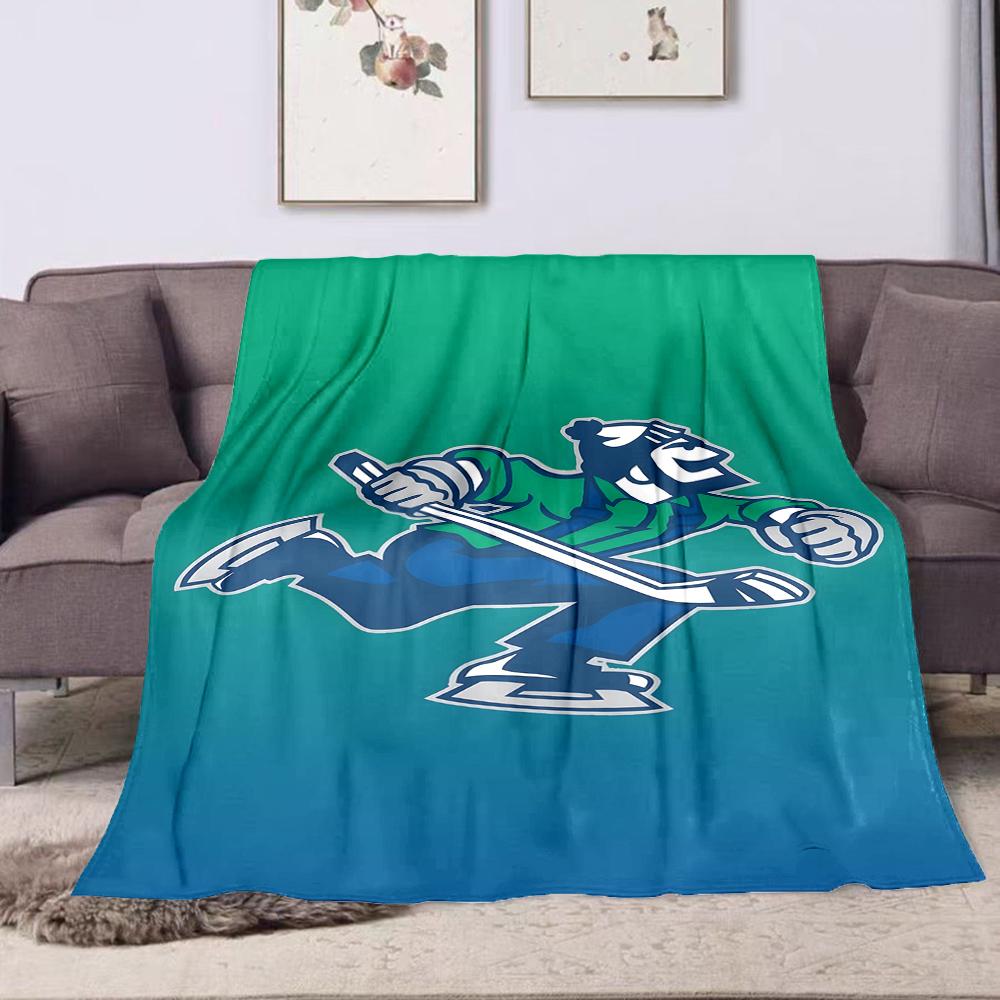Plüsch bedruckte Decke Vancouver Canucks Johnny Canuck Eishockeyspieler Maskottchen Grün Blau NHL Kunst für Eishockeyfan Wanddeko