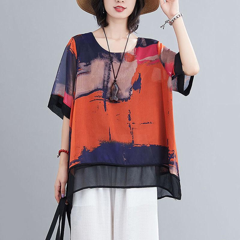 Summer New Oversize Chiffon Shirt Women Round Neck Short Sleeve Vintage Printing Pullovers Female Loose Casual Lace Tops