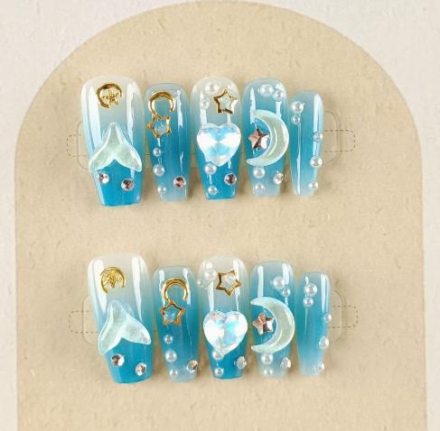 10Pcs Handmade Long Ballet Press On Nails, Blue Ombre with 3D Moon  Heart Rhinestone Fake Nails United States