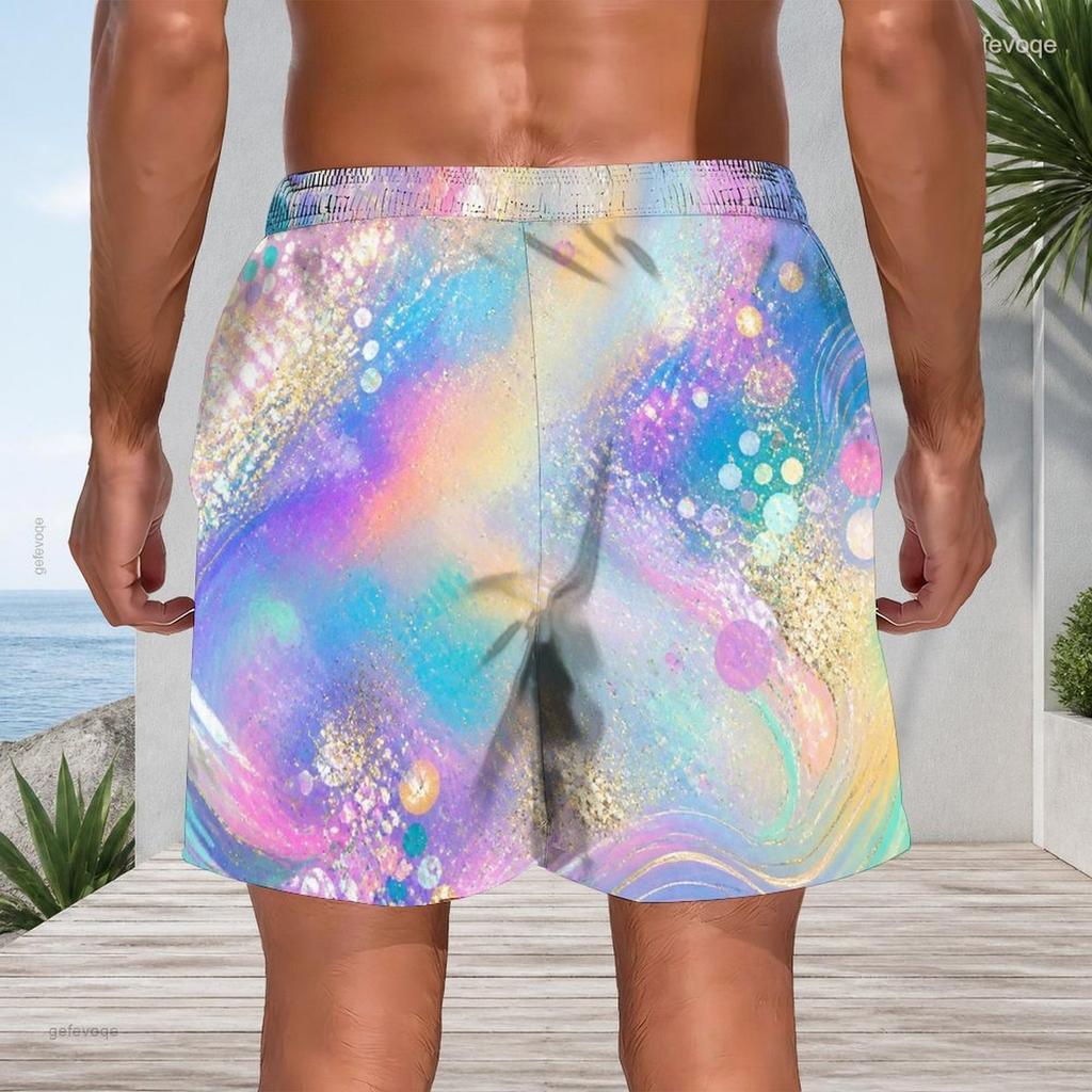 Men Plus Size Colorful Glitter Printed Beach Shorts Drawstring Waist Straight Leg With Side Pockets