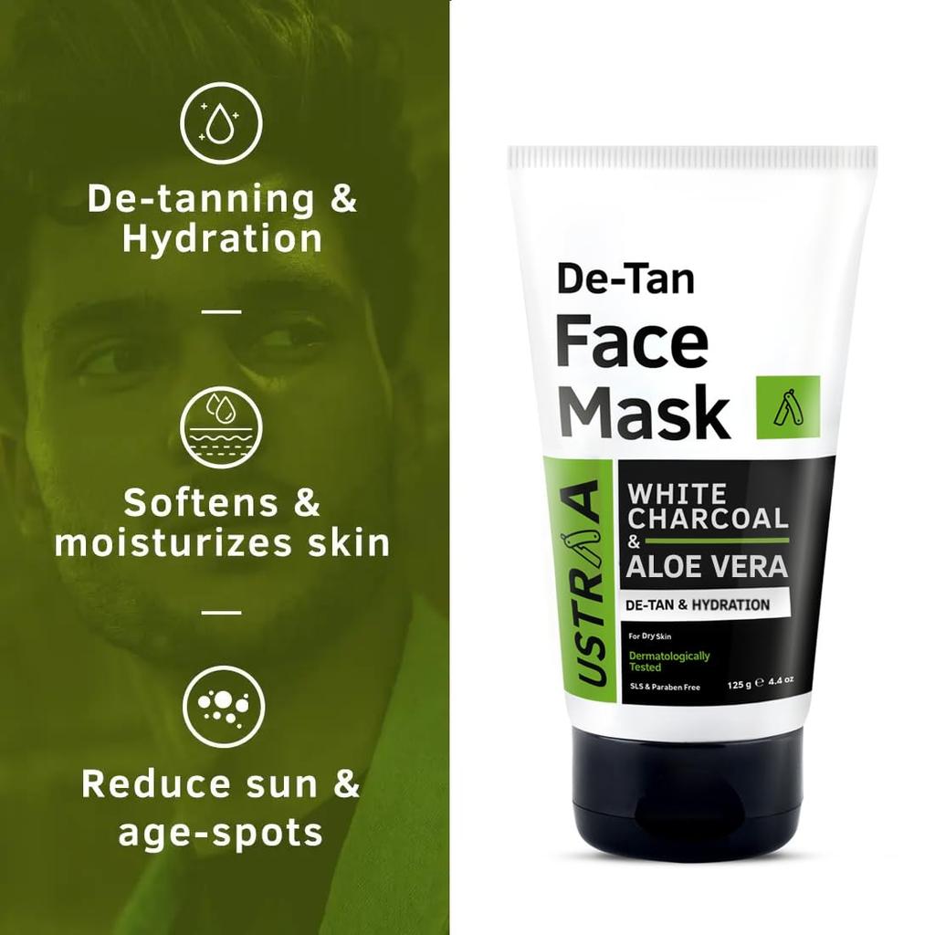 Ustraa De-Tan Face Mask - Dry Skin - 125 Gm - Wash-off Mask | Effective Tan Removal with White Charcoal | Removes Dead Skin & Pollutant | Anti-infla