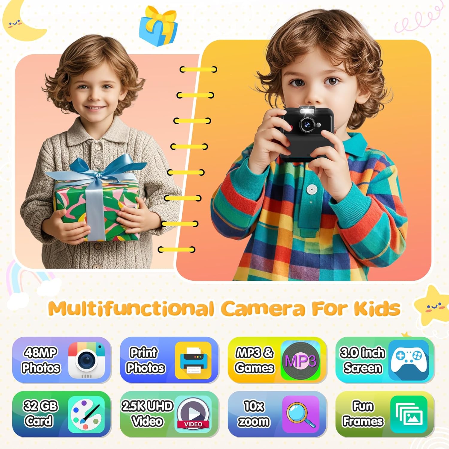 Kids Camera Instant Print, 48MP/2.5K UHD Kids Instant Print Camera, Christmas Birthday Gifts for Girls and Boys, 3.0  Screen with Print Paper & 32G