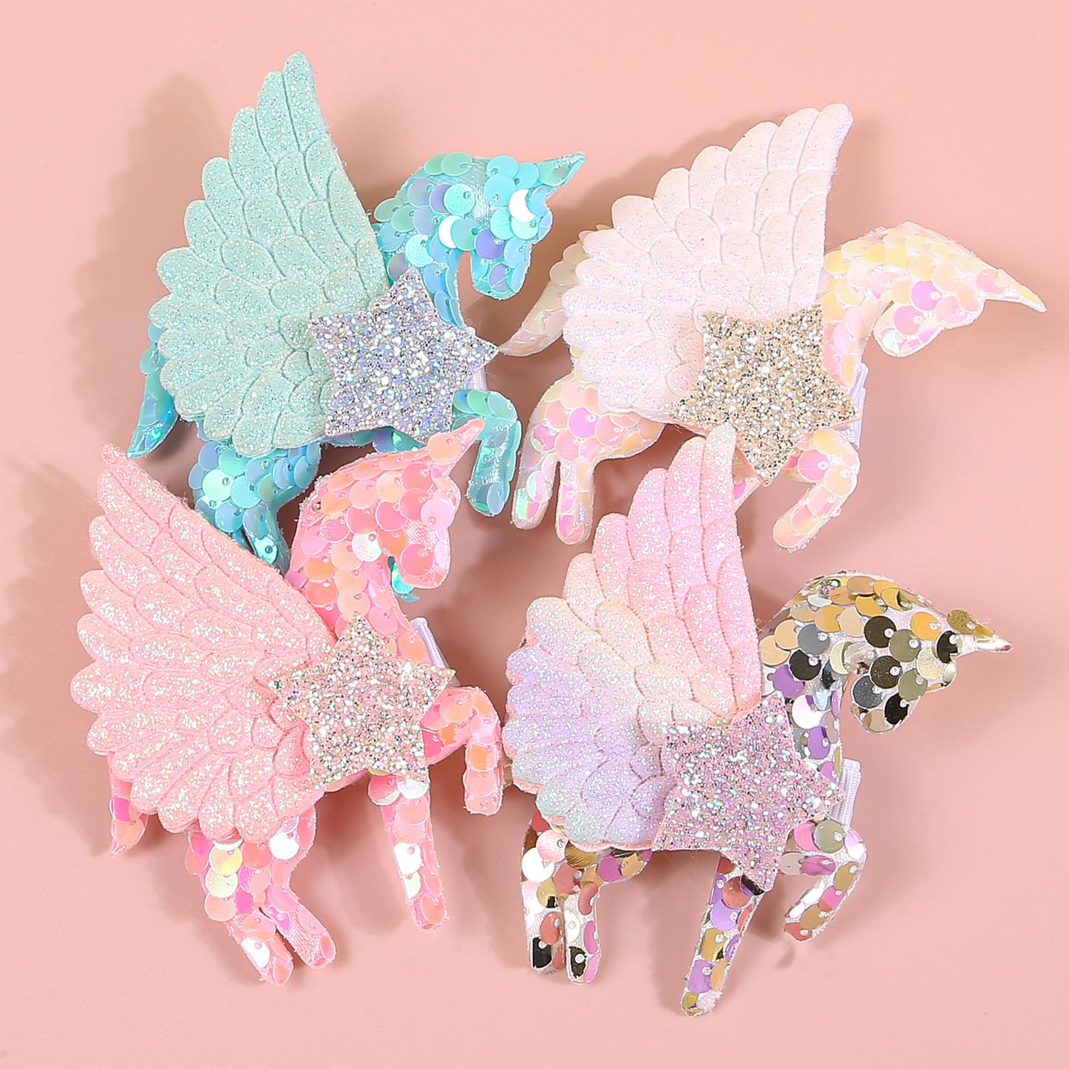 

4 шт. Заколки для волос в виде единорога для девочек, милые заколки-автоматы с крыльями и пайетками в виде единорога, детские аксессуары для волос для девочек