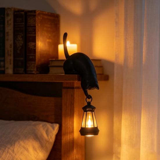 3D Printed Cat Decor Shelf Sitter with Lantern, Whimsical Figurine Hook for Handmade Style Wall Keys, Decorative Book Edge Statue, Creative