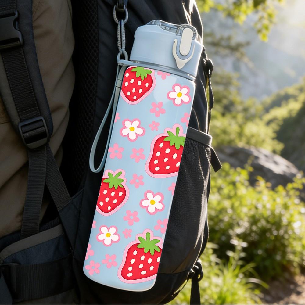 1PC Red Strawberry Fruit Seamless Pattern Print 750ml Color Plastic Sports Water Bottle Leakproof Flip Straw Lid Suitable for Sports Office Home Use