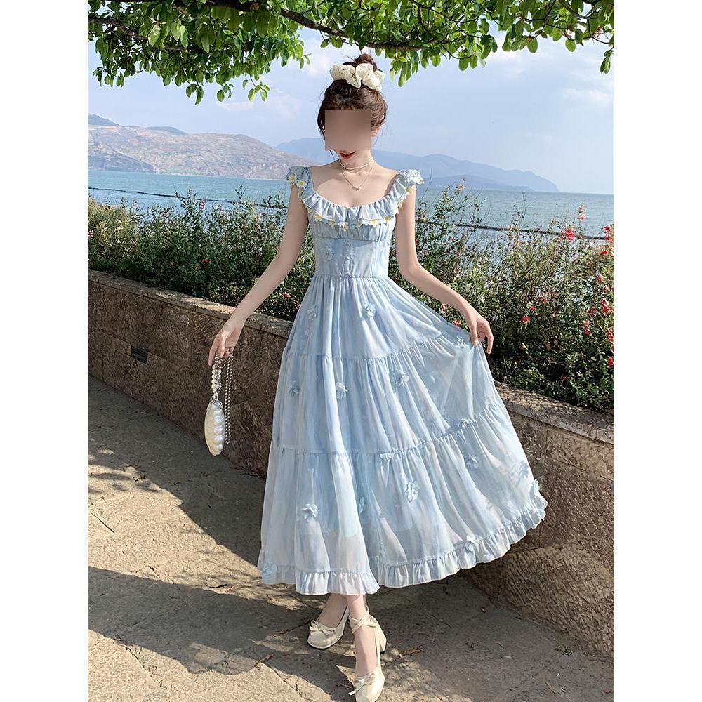 Blue suspender dress women's summer new seaside vacation super fairy three-dimensional flowers super beautiful gentle wind dress