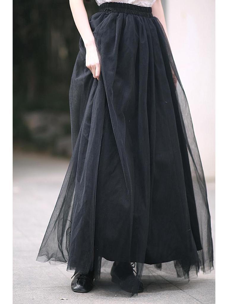 Jacquard Heavy Duty Mesh Midi Skirt: High Waist Large Swing Tulle Skirt
