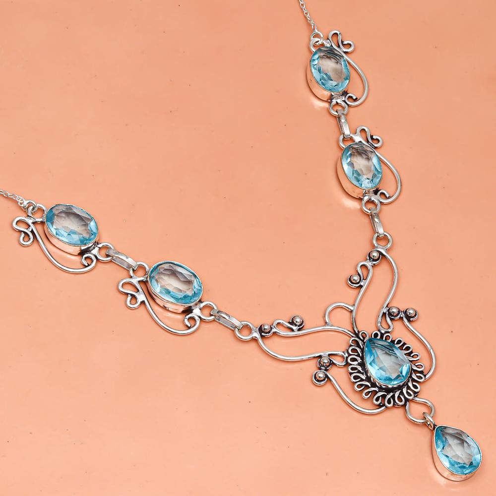 Swiss Blue Quartz Gemstone Jewelry Necklace Set 16-18''