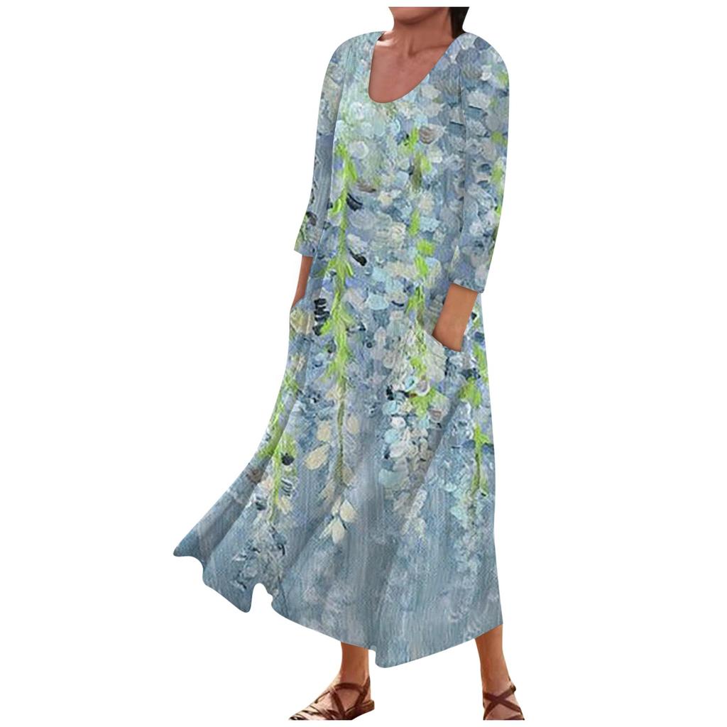Rochie de buzunar din bumbac, cu mâneci 3/4, cu imprimeu ocazional la modă