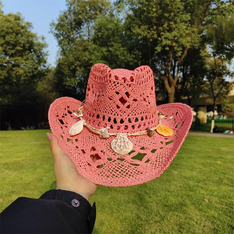 Cowboy Straw Hat for Women Fashion Seashell Straw Cowboy Hat Beach Summer Cowboy Sunshade Jazz Hat Sombrero Vaquero Hombre