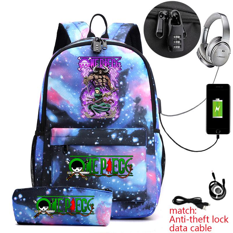 One Piece Zoro Print Anti Theft School Backpack Student Bookbag with Pen Case for Kids Teens