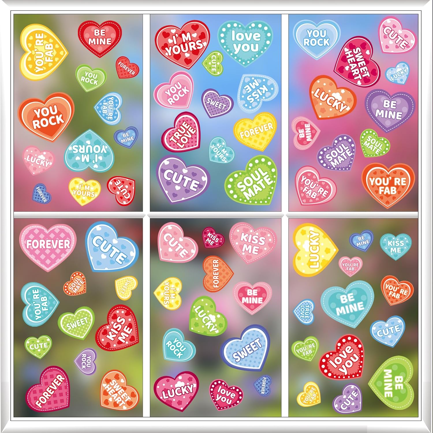 9 Sheet Valentine s Day Window Clings Romantic Conversation Heart Window Decals Double-Sided Candy Heart Window Decor for Valentine s Day Home Office