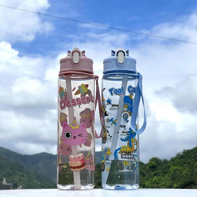 790Ml Cartoon Cat Rabbit Plastic Water Bottle Straw Cup With Carry Handle Portable Suitable For Outdoor Travel And School Use