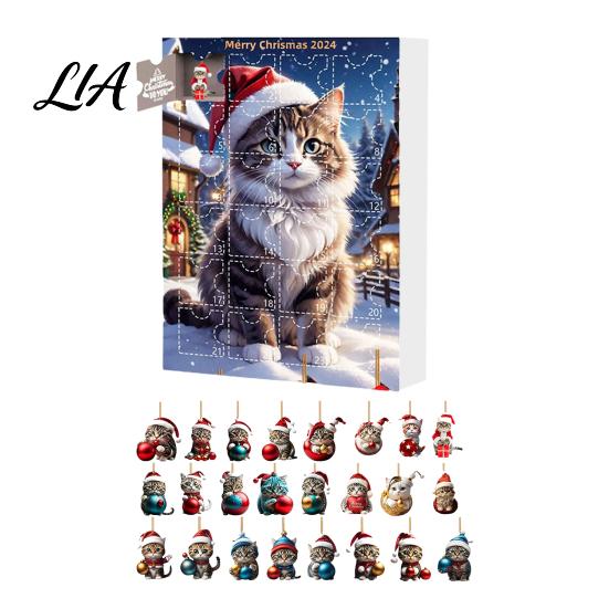 Holiday Hanging Decorations Christmas Advent Calendar with 24 Acrylic Cat Ornaments, Countdown Decor Party Favors for Tree Backpack, Cute Kitten
