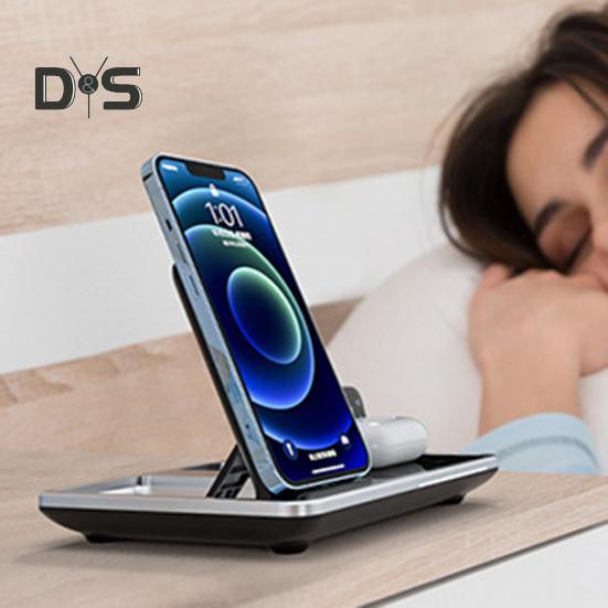 4 In 1 Wireless Charger Stand with Alarm Clock & Night Light Foldable Fast Charging Dock One-Key Lifting Smartwatch Charging Stand for IPhone