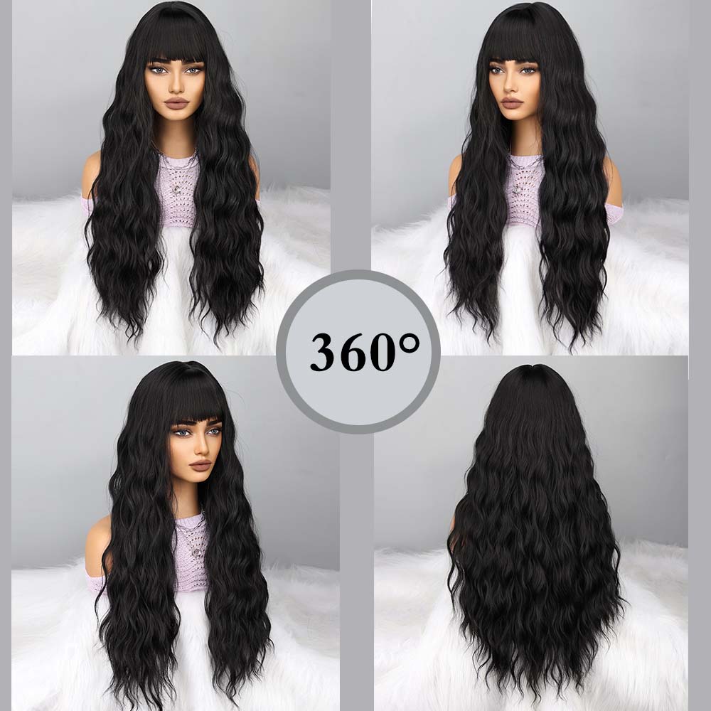 MISS WIG Natural Black Long Wave Wig with Bangs Synthetic High Temperature Fiber Wig Suitable for Daily Wear Party Wigs