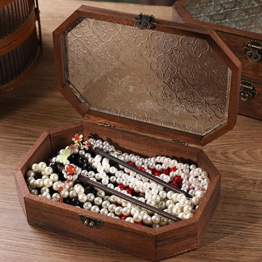 Vintage Wooden Storage Box Begonia Flowers Cosmetic Organizer Storage Cabinet  Treasure Keepsake