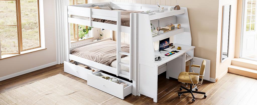 140 x 200 cm Großes Etagenbett Mit Seite, Integriertem Stauraumschrank, Nach Links oder Rechts Verschiebar, Mit Schreibtisch, Regal, Schubladen und Stauraum, Weiß