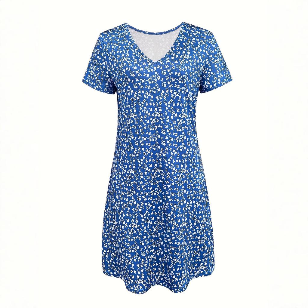Summer new European and American V-neck floral short-sleeved dress casual vacation style women's clothing