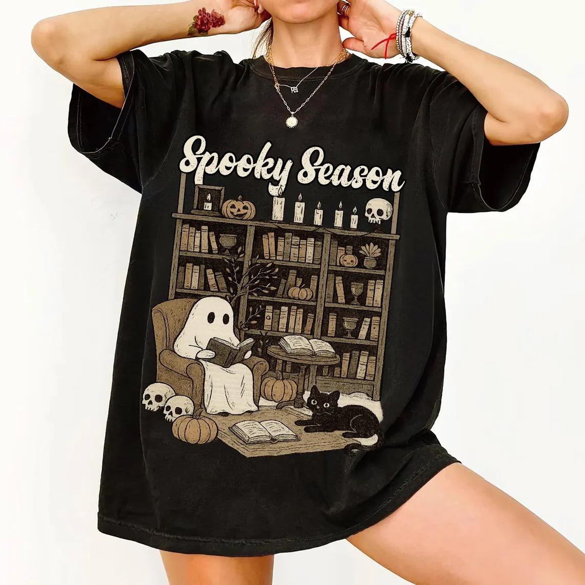 Spooky Ghost Reading Shirt Halloween Black Cat Tee Cozy Library Pumpkin Shirt Fall Aesthetic TShirt Witchy Book Lover GifT S