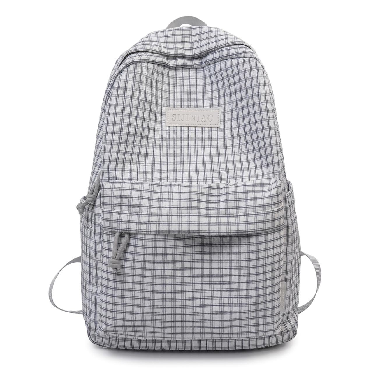 Нейлоновый рюкзак в клетку, школьная сумка для студентов с передним карманом и регулируемыми лямками светло-серый
