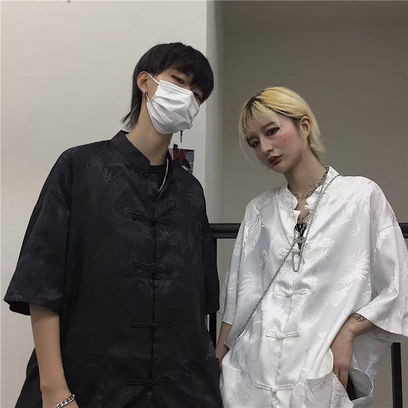 Men's Retro Chinese Tang Suit Short-Sleeved Dragon Pattern Shirt - National Trend Couple's Casual All-Match Jacket