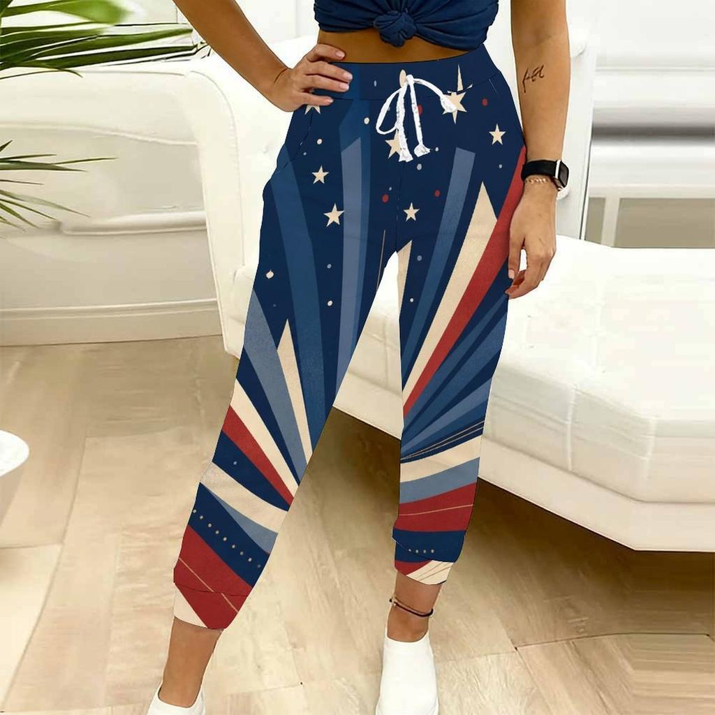 Women Plus Size American Flag Printed Jogger Pants Drawstring Waist Side Pockets Cuffed Ankle