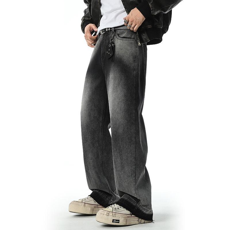 

Ретро Вареный Градиент Свободные Прямые Джинсы С Бахромой Драпированные Брюки В Пол 2XL чёрный