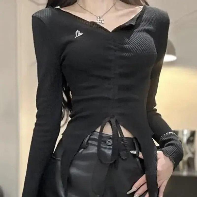 

2KWEIRD Хотсвит Женские Кроп-топы Y2k Необычные Дизайнерские Бандажные Готические Харадзюку Футболки с Длинным Рукавом в Американском Уличном Стиле XXL чёрный