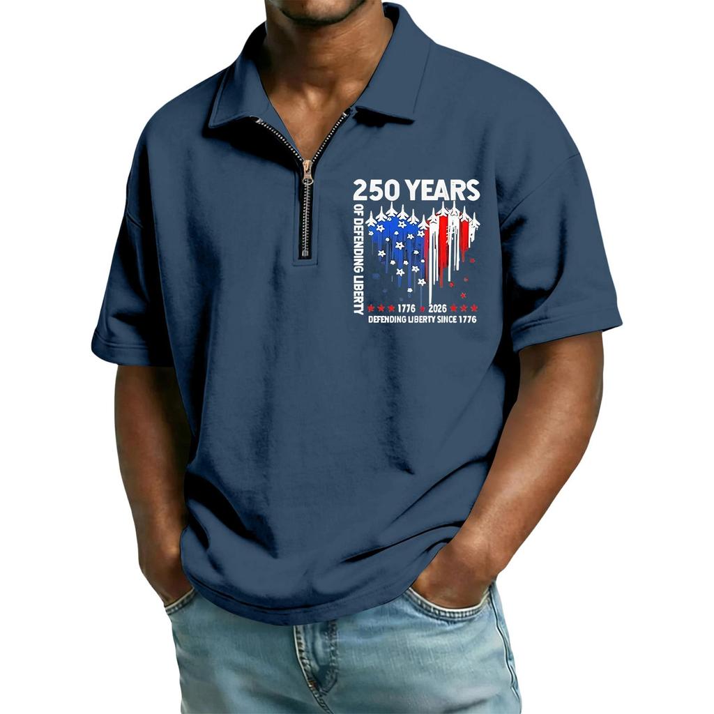 Men's Casual Loose Fit Polo Shirt Short Sleeve Top with Flag and Letter Print Suitable for Everyday Wear and Outdoor Activities