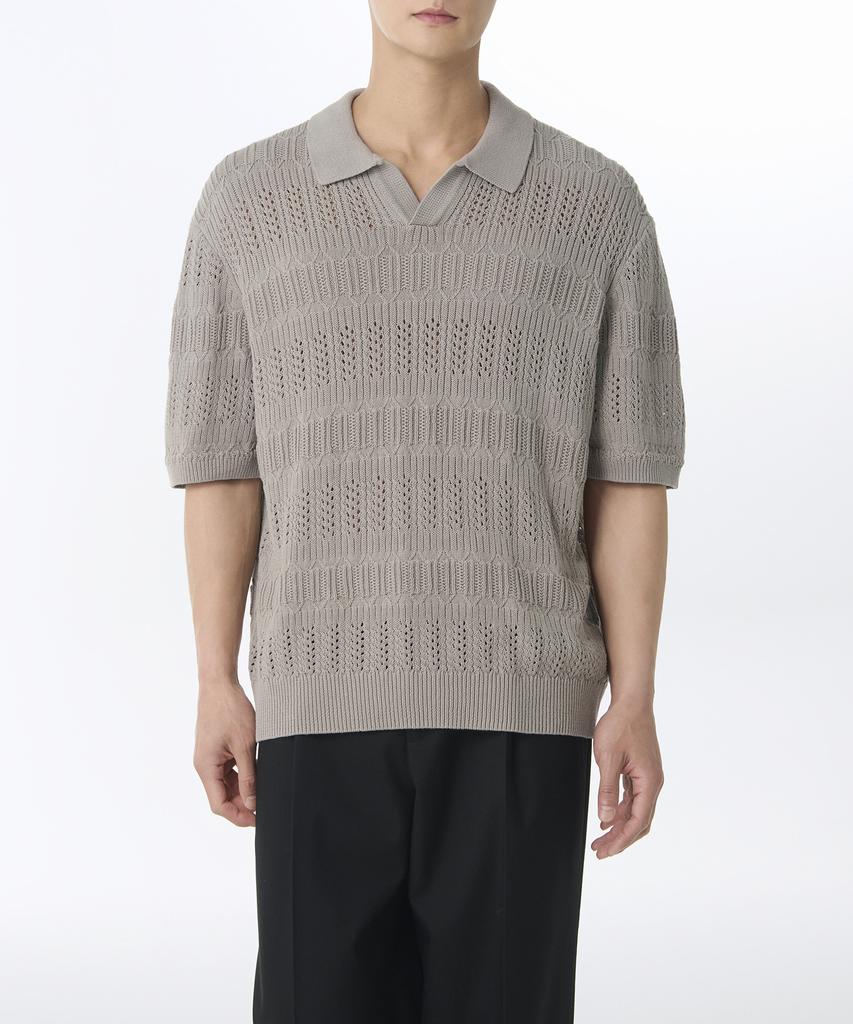 MUSINSA STANDARD Multi-Crochet Slit Neck Knitted Polo Shirt [Light Warm Grey]