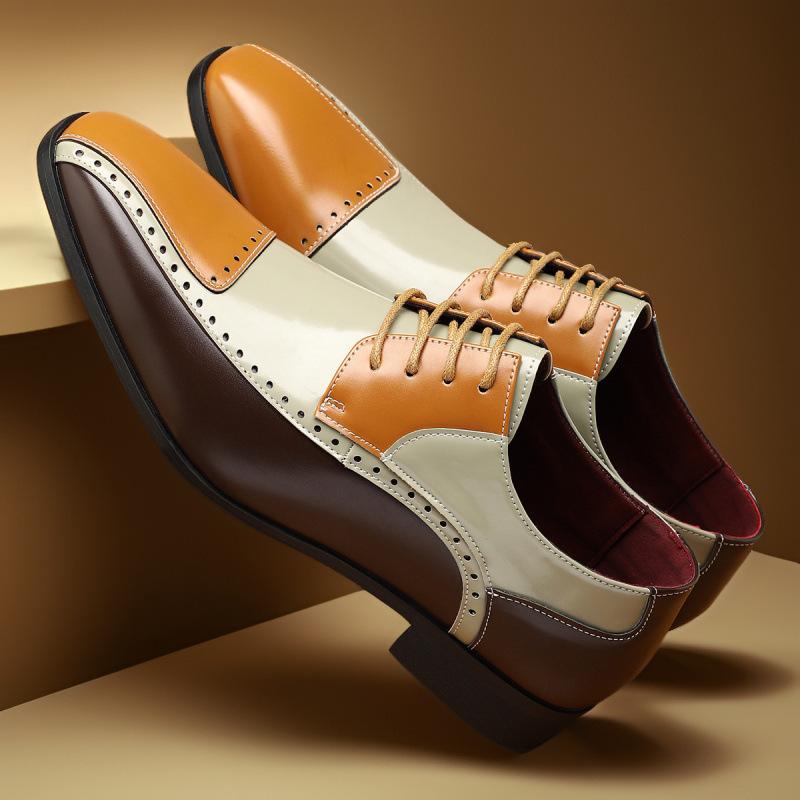 Large Size New Youth Versatile Breathable Leather Shoes Color-blocked Carved Business Personality Splicing Casual Leather Shoes Men