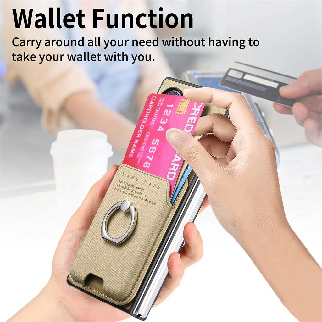 Magnetic Leather Wallet Phone Case with Card Holder Ring for Samsung Galaxy Z Fold 7 6 5 4 3 Fold7 Fold6 5G Detachable Cover