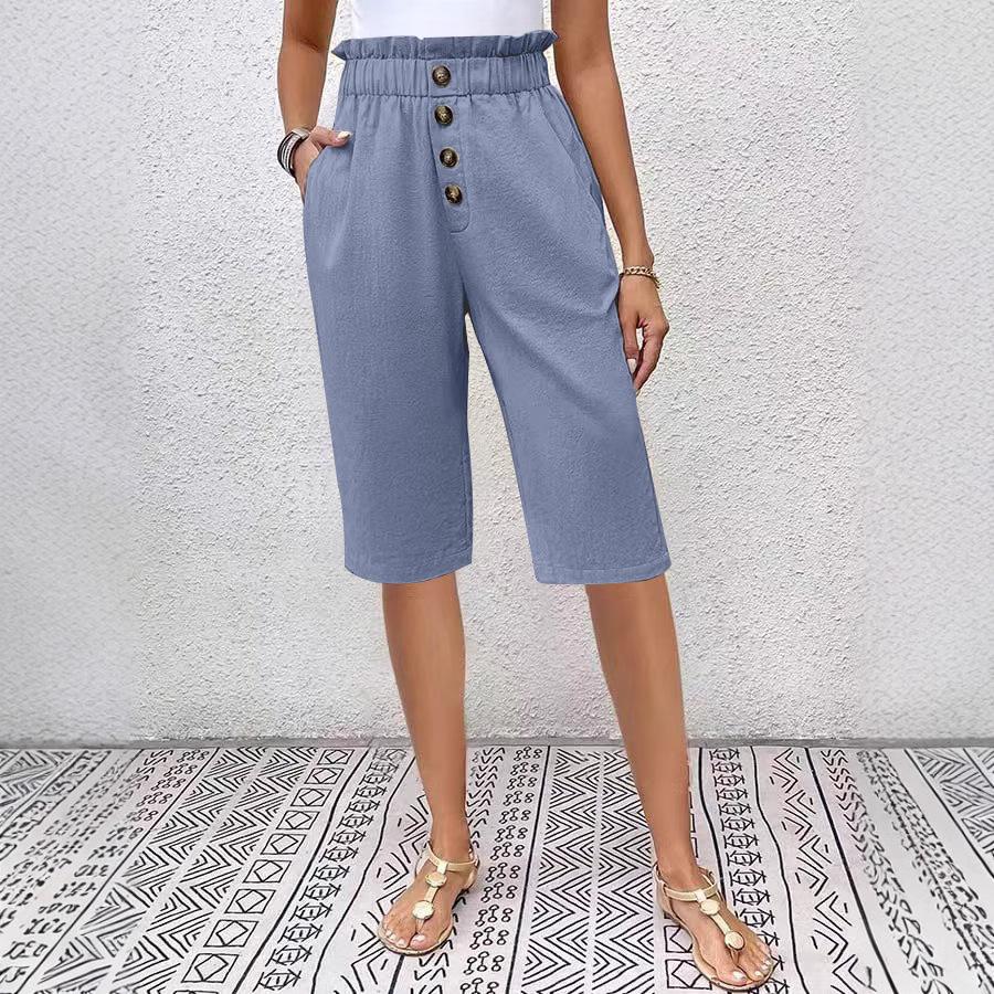 New Solid Color Cotton And Linen Pocket Button Women'S Casual Pants Shorts
