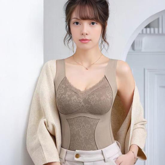 Sleeveless Thermal Tank Top for Women Fleece Lined Lace V Neck Base Layer with Built In Bra Warm Camisole Undershirts for Cold Weather