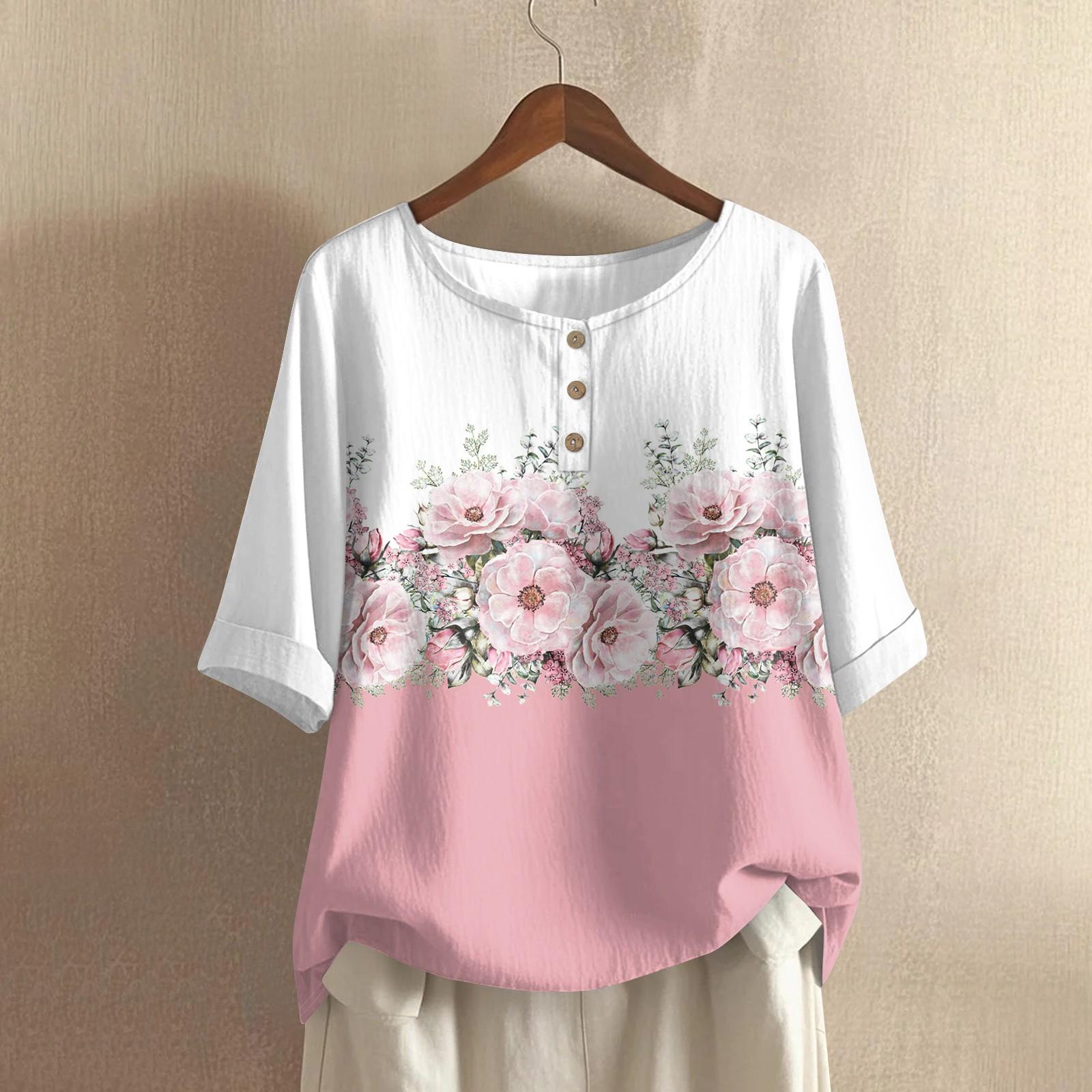 

Женская модная и повседневная рубашка с полурукавом, круглым вырезом, принтом, из хлопка и льна, блузка-топ S розовый